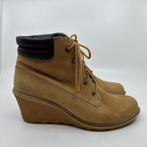 TIMBERLAND EARTHKEEPERS Womens 9.5 AMSTON WEDGE BOOTIE Lace Up Tan - Picture 4 of 10